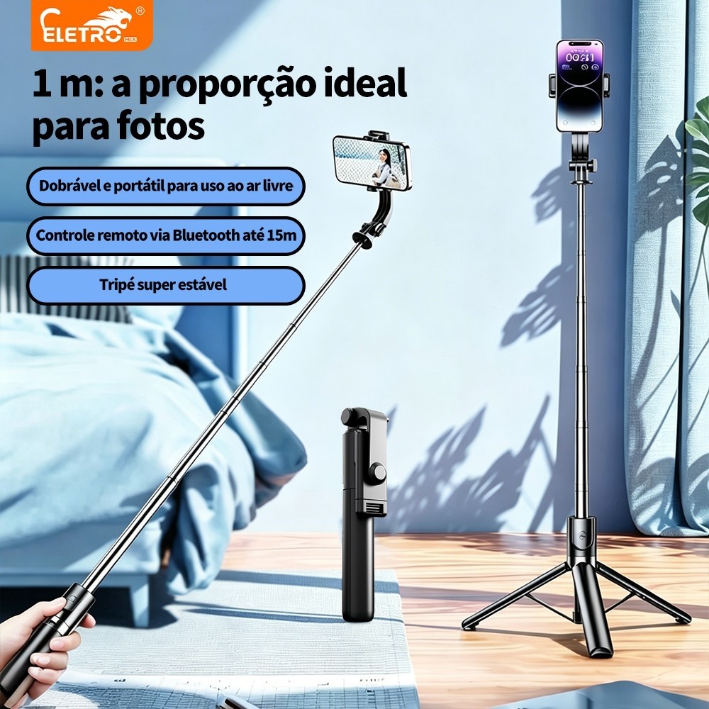 Selfie Stick Tripé 1.7M/1.3M/1M, 4 Eixos 360° Rotação Anti-tremor+ Controle Bluetooth Sem Fio para Vlog