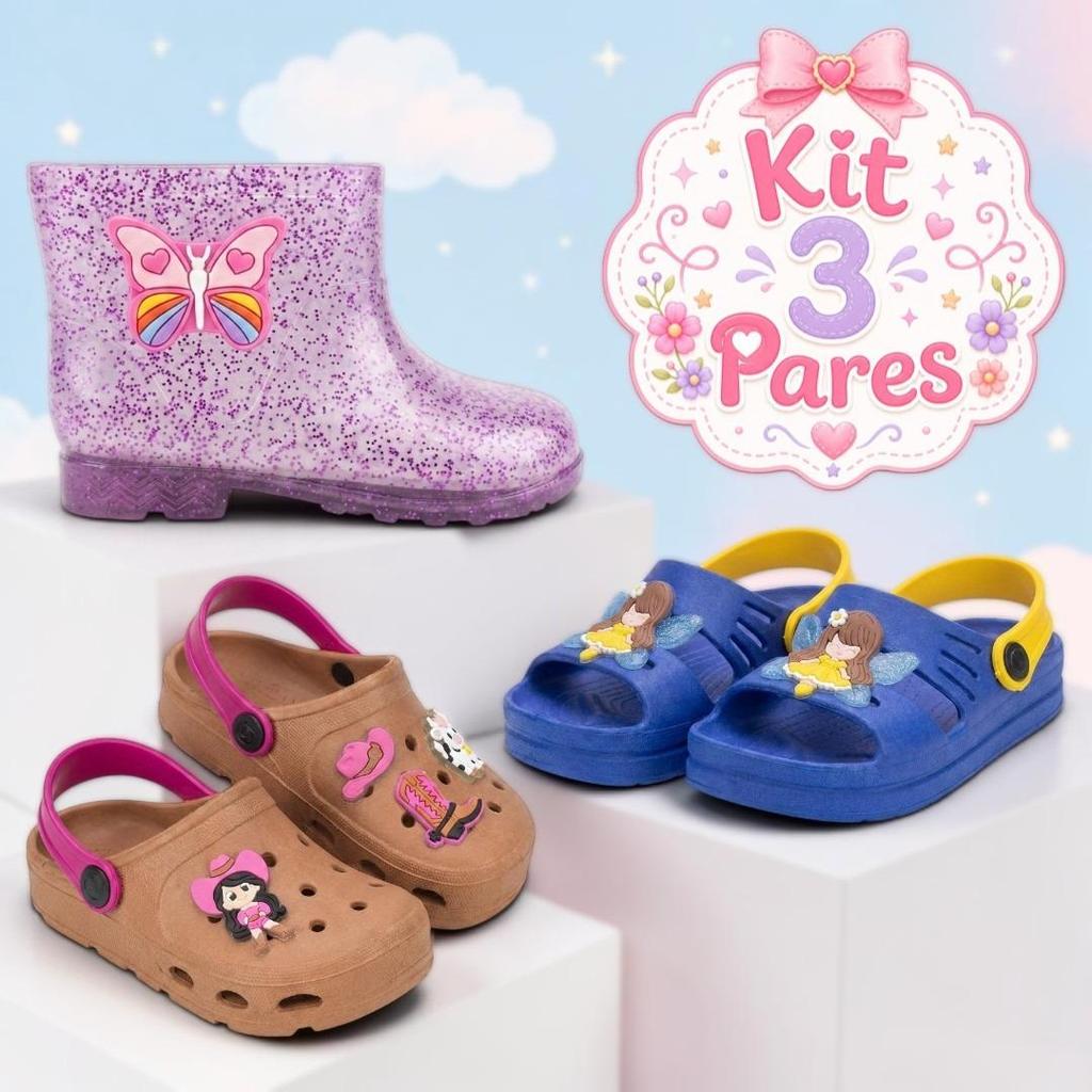 Kit 3 Pares Sandália Babuche Infantil Galocha Bota Menina Leve Confortável Lançamento — imagem 2 de 2