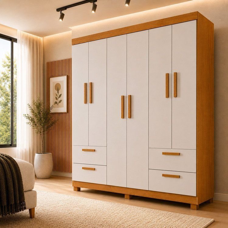 Guarda-Roupa Casal 6 Portas 4 Gavetas 100% MDF Flórida Yescasa Branco/Cinamomo/Off White Cinamomo/Off White