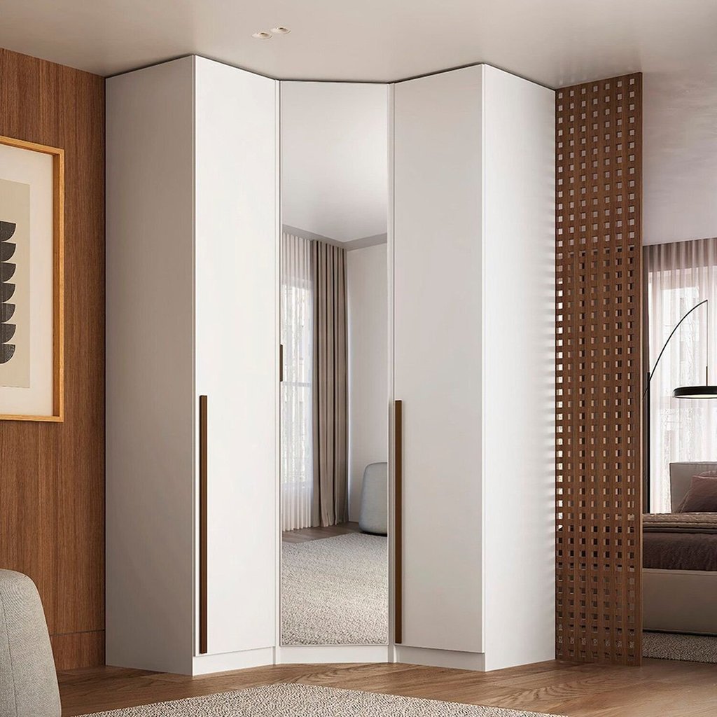 Guarda-roupa de Canto 100% MDF com Espelho 3 Portas Altezza Branco