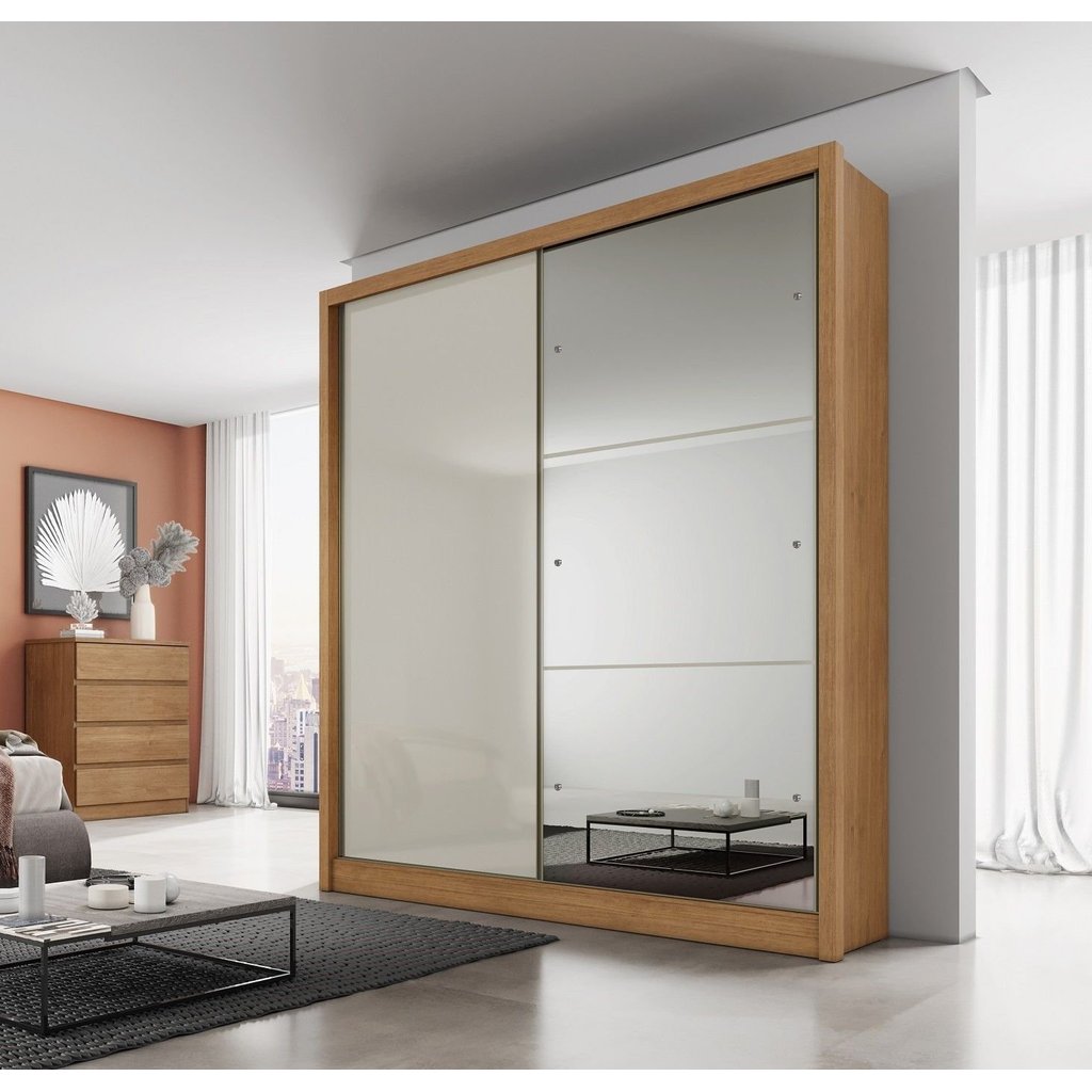 Guarda Roupa Solteiro MDF com Espelho 2 Portas 3 Gavetas Toronto Marrom/Cumaru Fendi Cumaru/Fendi