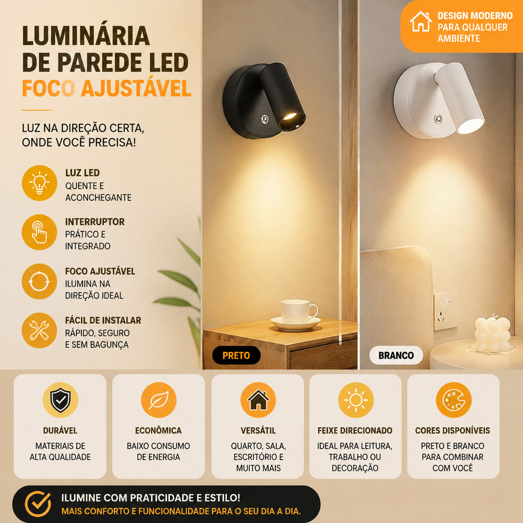 Abajur de Cabeceira Sem Fio Recarregável LED Arandela Parede Luminária Portátil Para Leitura Quarto Sala