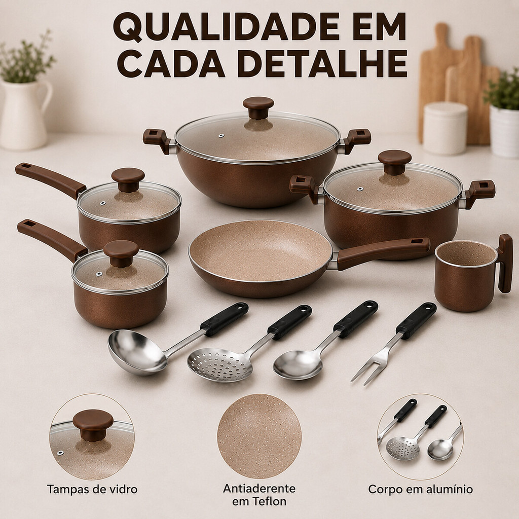 Jogo de Panelas Cerâmica Antiaderente 10 Peças Completo Wok com Utensilios Tampa Vidro