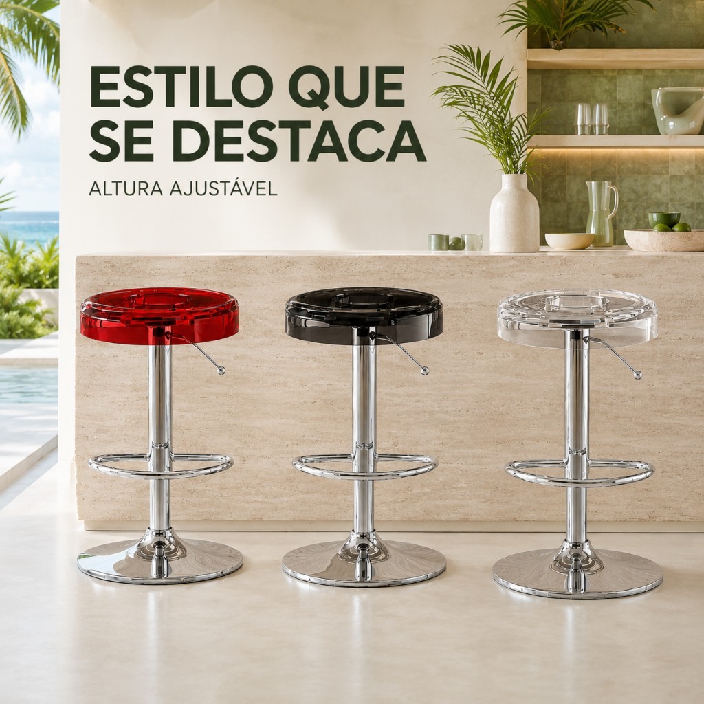 Banqueta de Bar Giratória Acrílico Altura Ajustável, Estrutura Cromada Moderna para Cozinha e Balcão