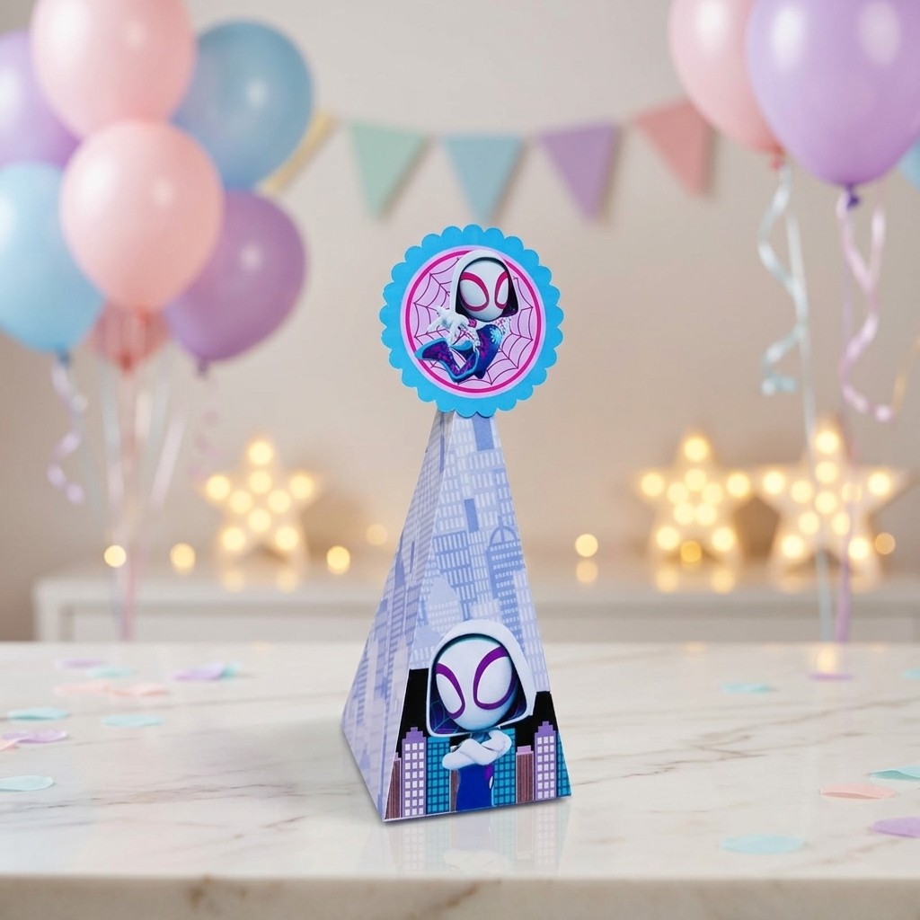 Caixa Pirâmide Mulher Aranha Spidey - Kit Festa para Decoração e Lembrancinha de Aniversário