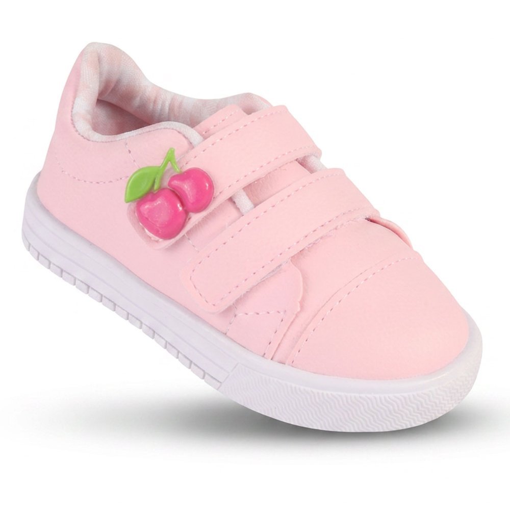 Tênis Infantil Menina Bee Happy Cereja Rosa com Aplique e Velcro Leve Confortavel Calce Fácil