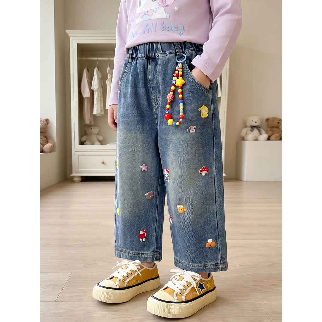 Meninas outono Jeans crianças outono moda dos desenhos animados impresso calças de perna reta moda calças soltas All-Mat