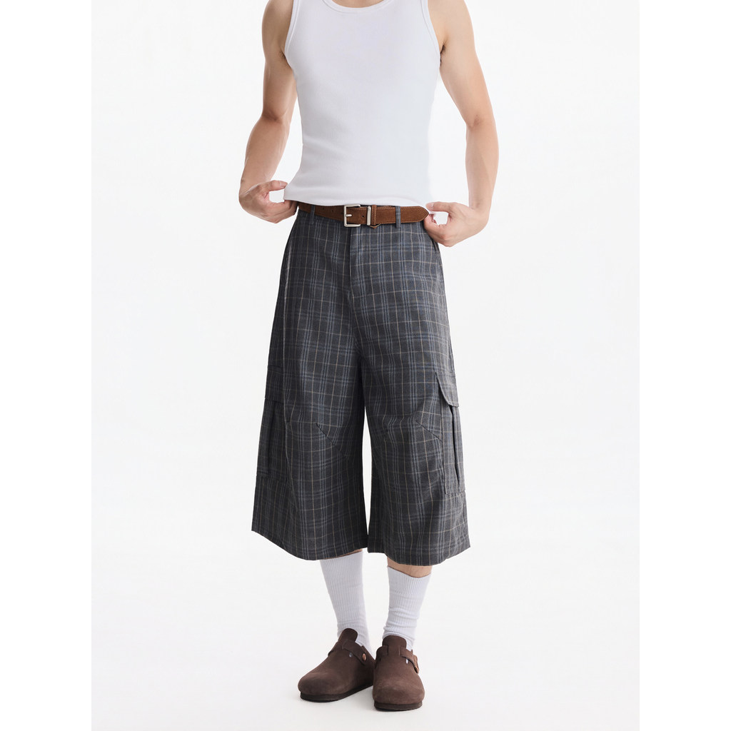 BLAEXIT Britânico Retro Cinza Cropped Calças Verificadas Homens Mulheres Terno Shorts Soltos Calças de Limpeza Casuais