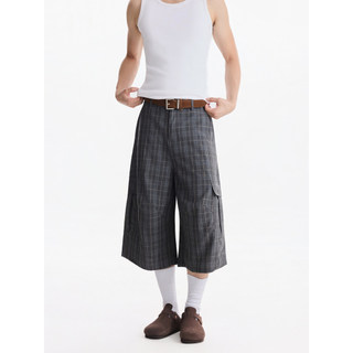 BLAEXIT Britânico Retro Cinza Cropped Calças Verificadas Homens Mulheres Terno Shorts Soltos Calças de Limpeza Casuais
