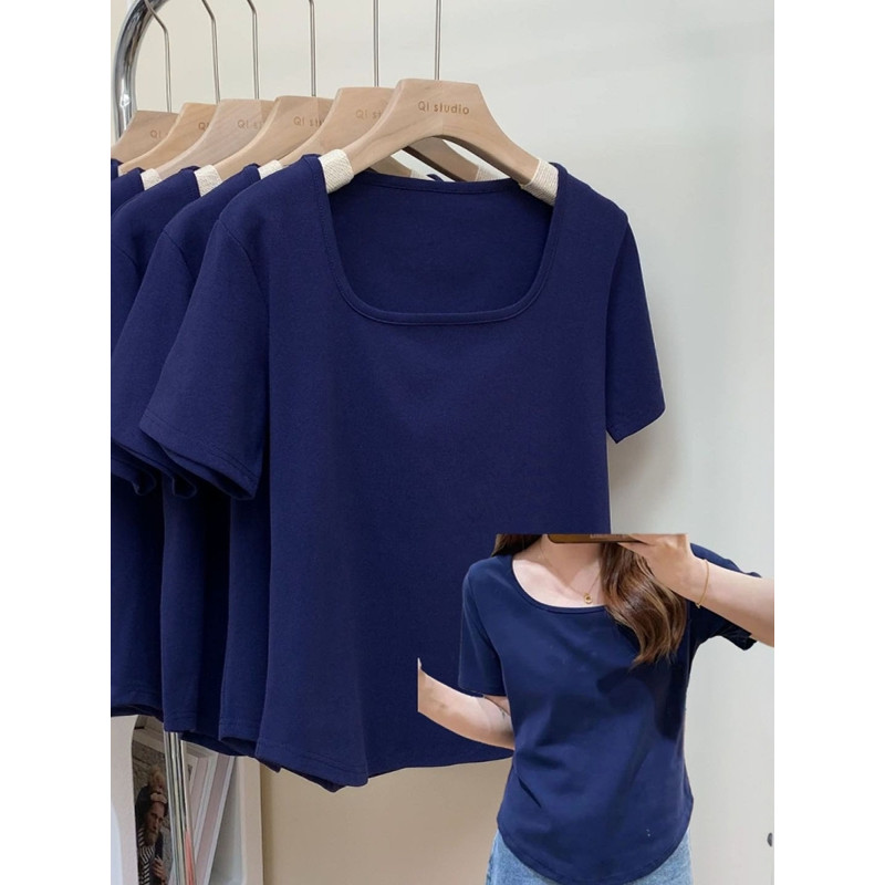 Tamanho grande puro algodão pescoço quadrado manga curta genuíno ombro camiseta feminina 2026 verão novo estilo gordura 