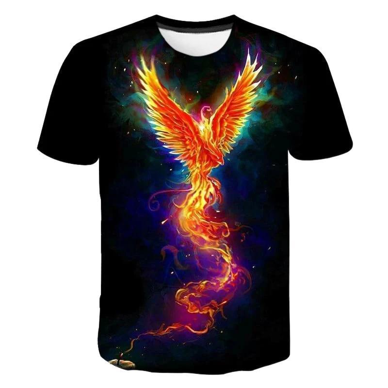 Camiseta Infantil de Manga Curta Impressa em 3D Phoenix, Gola Redonda, Estampa Gráfica, Adequada para Brincadeiras Diári