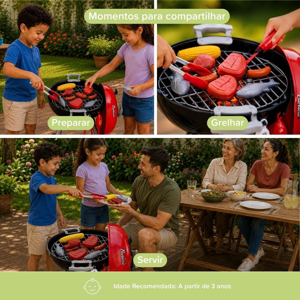 Churrasqueira A Bafo Infantil Portátil Rodinhas Luz Brasa Som Grelhado 23 Peças Maxi Toys — imagem 2 de 2