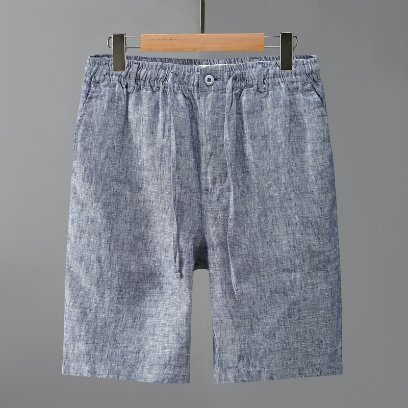Luz de luxo fio-tingido tecido puro linho elástico cintura Shorts masculino tecido linho completo respirável confortável