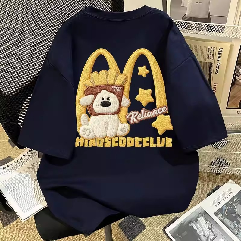 Verão Plus Size 150kg imitação bordada batatas fritas filhote de cachorro impresso puro algodão de manga curta camiseta 