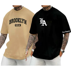 Kit 2 Camiseta básica Masculina Los Angeles Brooklyn 100% Algodão plus size G1-G2-G3