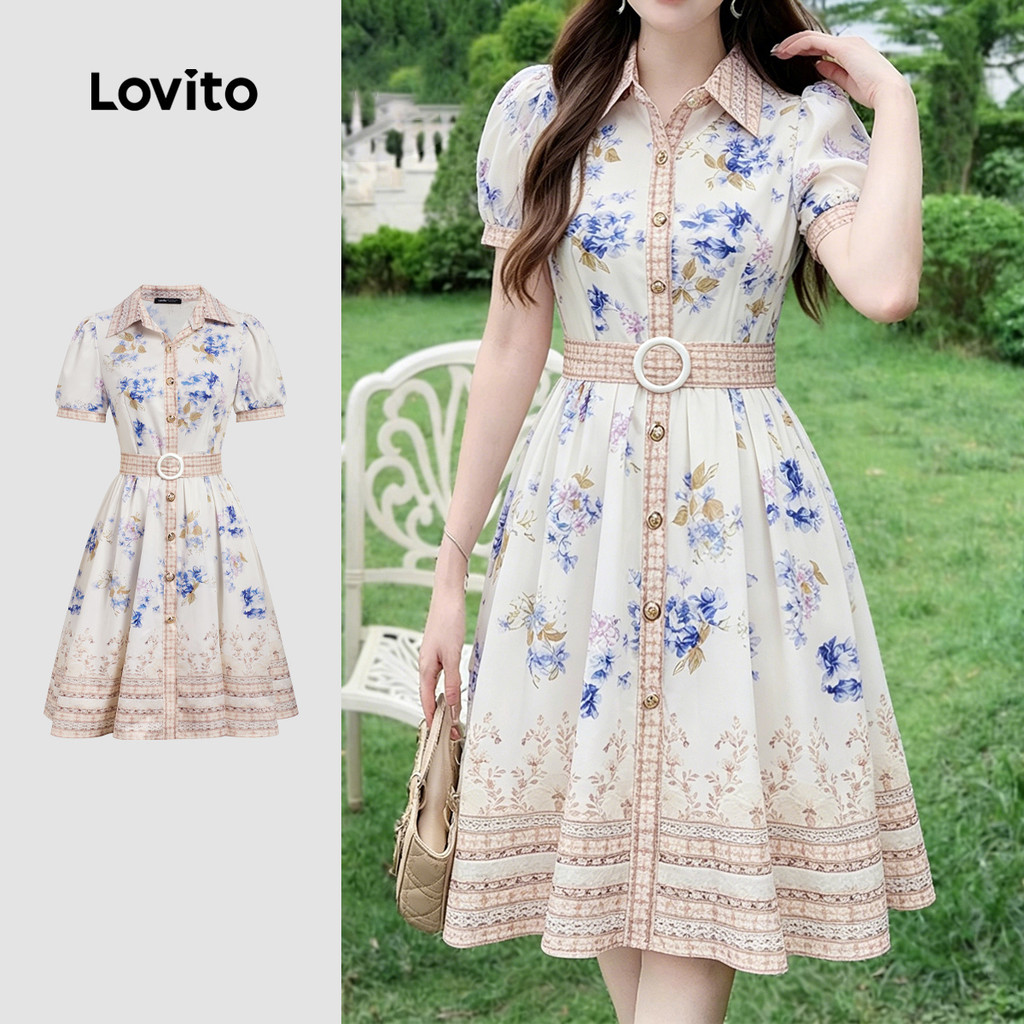 Vestido Feminino Lovito Floral Elegante Nacional com Cinto Estilo Nacional Vestido Primavera/verão LK3ED163