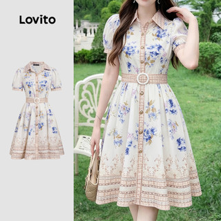 Vestido Feminino Lovito Floral Elegante Nacional com Cinto Estilo Nacional Vestido Primavera/verão LK3ED163