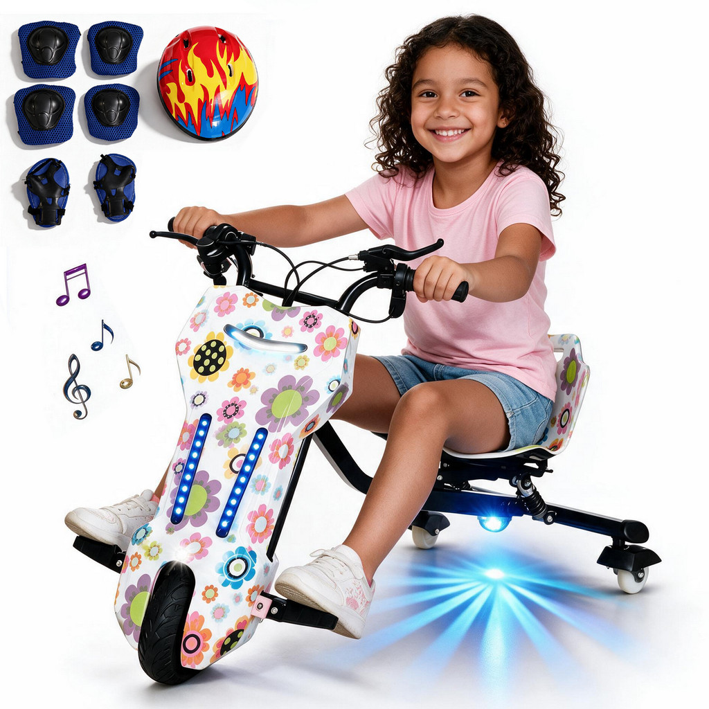 350W Elétrico Triciclo Drift Meninas Meninos Drift 3Vel 15km/h Pneus 8" Amortecedor Freio de Mão Bluetoothe LED Colorido