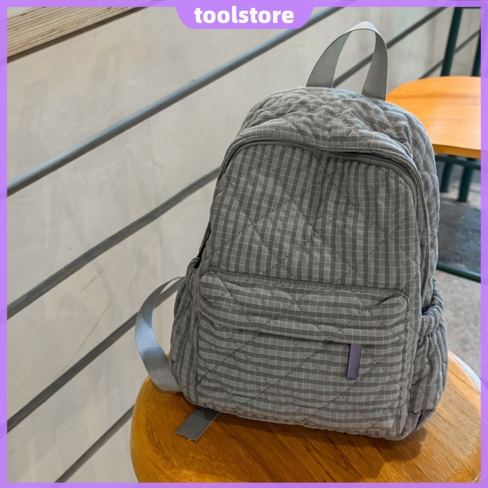 Mochila Feminina Casual Bordada Com Diamante Listrado Algodão Vários Bolsos Alça Acolchoada Bolsa Leve [toolstore.br]