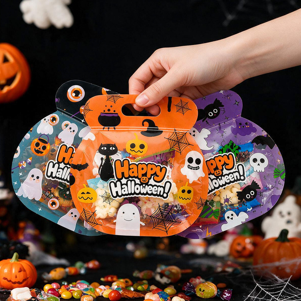 Sacola de Doces de Halloween com Desenho Animado, Sacola Autoadesiva para Coleta de Doces
