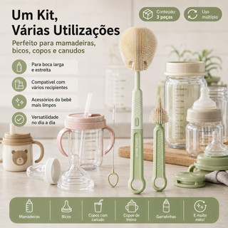 Kit Higiene Limpeza Mamadeiras Garrafinhas 3 Peças Escovas Multifuncional Prática e Durável Perfeita para Copos