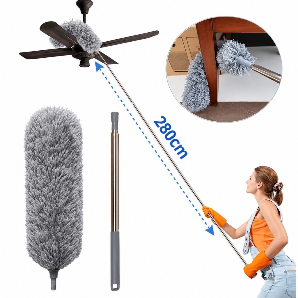 Espanador de Pó Para Limpeza Microfibra Com Cabo Extensor e Retrátil Lavável Cabo 2,80Cm Removedor
