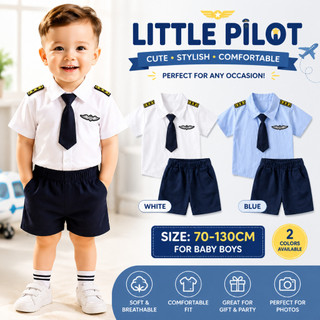 Conjunto de Fantasia de Piloto Infantil Congme 3 Peças Uniforme de Capitão para Meninos Camisa Calções Gravata Cosplay P