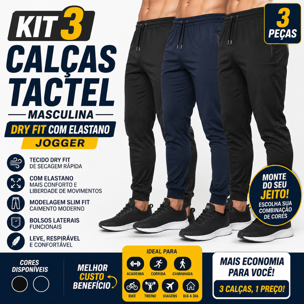 Kit 3 Calças Tactel Masculina Dry Fit com Elastano Jogger Academia Corrida