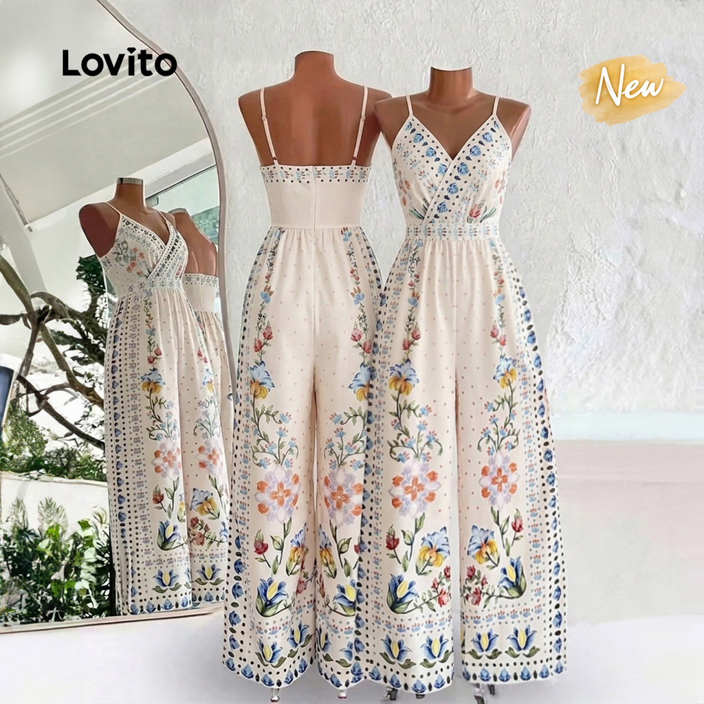 (New Arrival) Lovito Macacão Casual Boho Floral Sem Mangas Primavera/Verão Férias Para Mulheres JRB39BR127