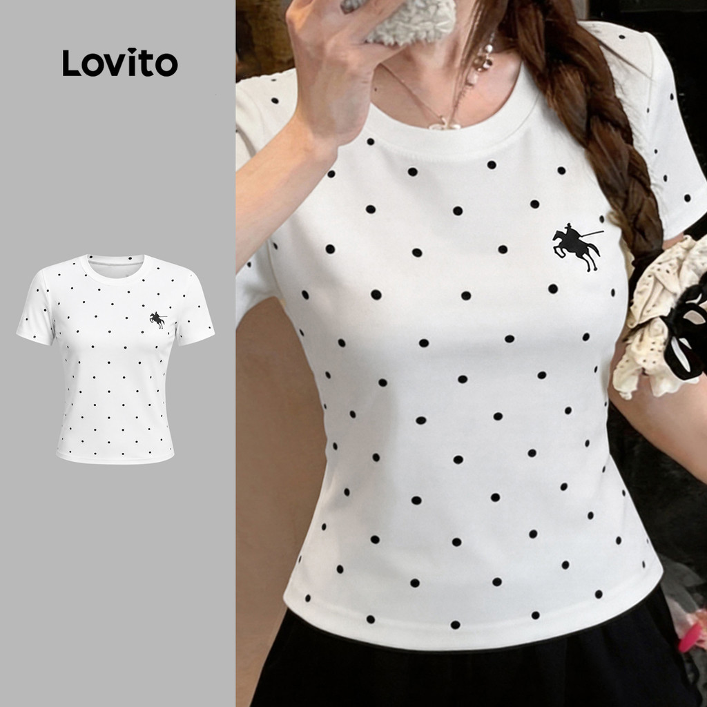Lovito Camiseta Elegante Feminina Padrão de Lazer Simples Preto e Branco Primavera/Verão TSK8P2D898