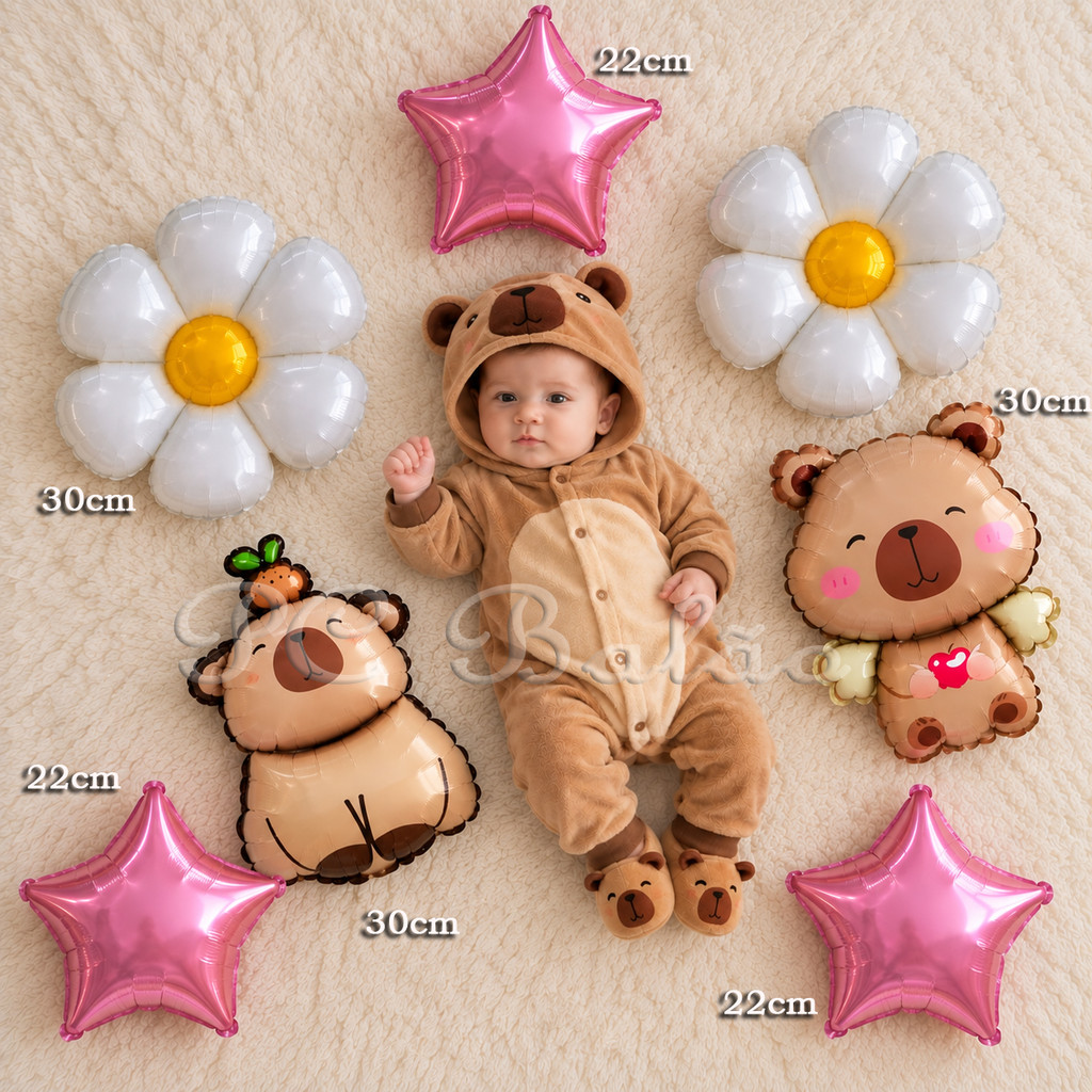 Kit 7 Balão Metalizado 2 CAPIVARA PEQUENA + 2 MARGARIDA + 3 ESTRELA ROSA CLARO ANIVERSÁRIO