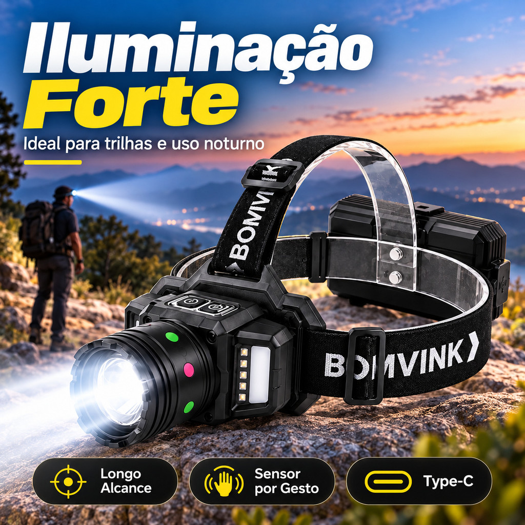 Lanterna de Cabeça LED Duplo Laser Recarregável Sensor de Gestos Zoom Type-C 3000mAh