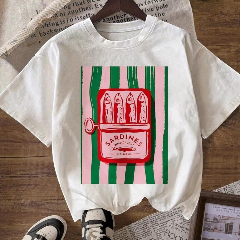 Camiseta Básica Feminina Estampada Lata Sardinha Camisa 100% Algodão Premium Tendência Blusa Estilosa Casual Confortavel