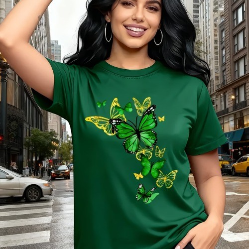 Camiseta Blusa Feminina Oversized Estampada com Borboletas Delicadas Elegante Romântica 100% Algodão Manga Curta