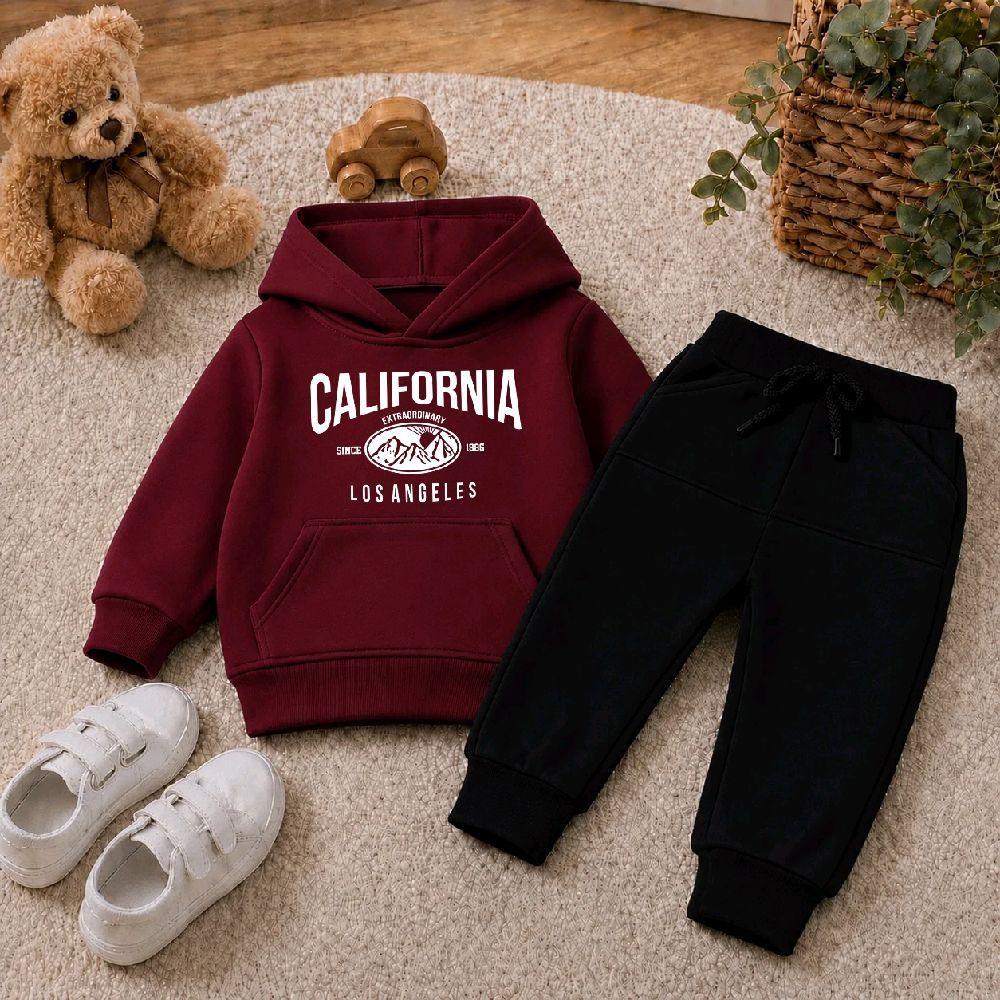 Conjunto Infantil de Moletom Canguru Estampa Califórnia Com Bolso e Capuz Ajustável Flanelado e Mácio Blusa de Frio