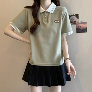 Camisa polo estilo Preppy frente ombro preto manga curta camiseta feminina verão Plus Size gordura mm mais magro olhar c