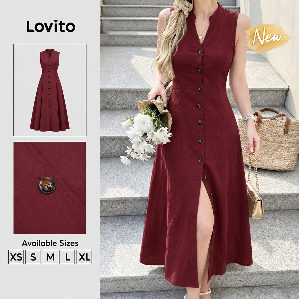 (New Arrival) Lovito Elegante Vestido Longo Evase Verde Botão Frontal Barra Com Babado Primavera Verão Trabalho Para Mulheres DRB205P2D135