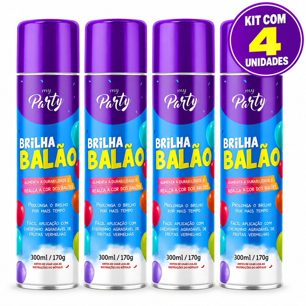 Kit 4 Spray Brilha Balão 300ml – Brilho Intenso para Bexigas e Balões de Festa, Maior Durabilidade e Acabamento Profissi