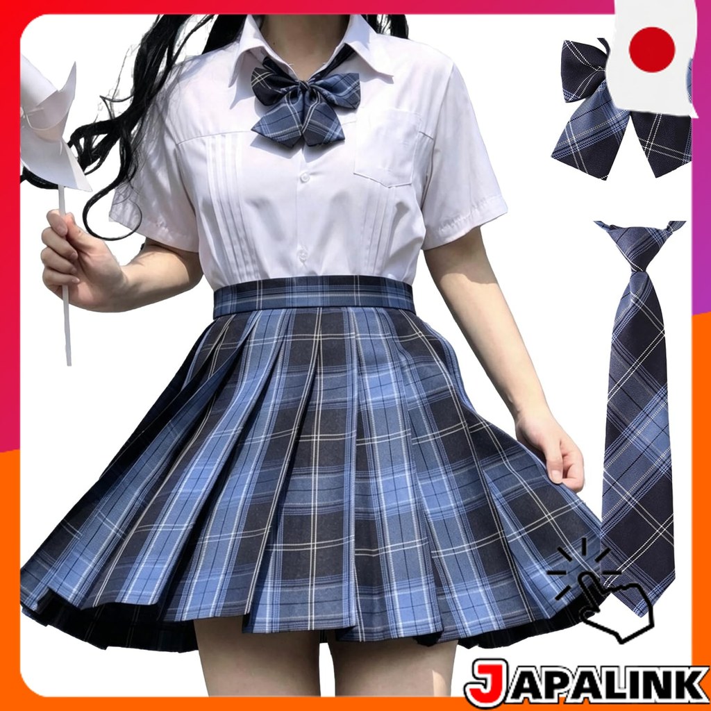 GEAHOL Conjunto de Cosplay Saia Plissada Escolar com Gravata Ajustável Alta e Estampa Xadrez 【Direct from Japan】