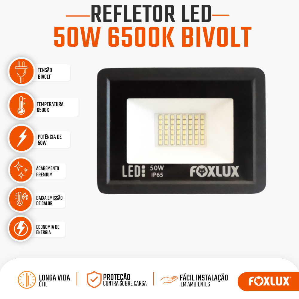 Refletor LED 50W Foxlux 6500K Branco Frio IP65 Resistente a Água Bivolt