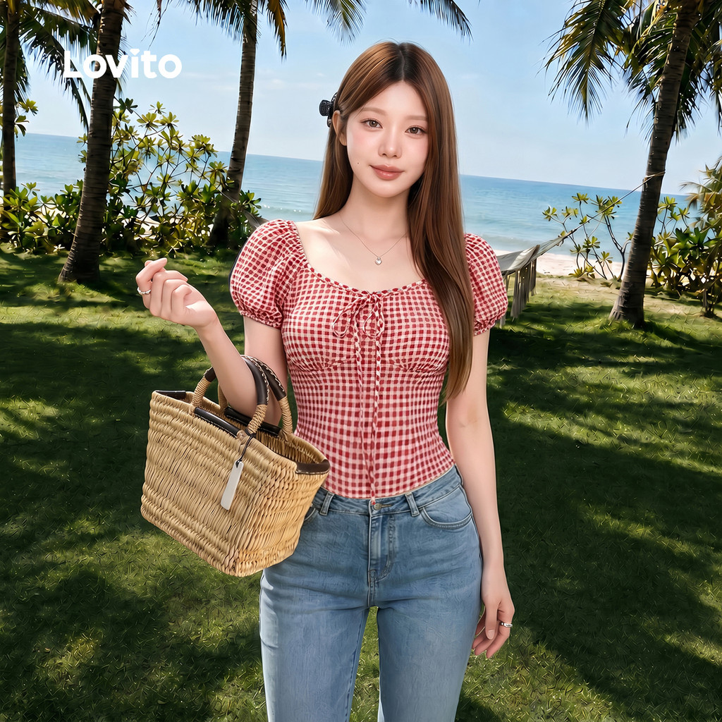 (Férias) Lovito Blusa de Renda com Amarração Primavera/verão Blusa Vermelha para Mulheres Bordado L151AD077