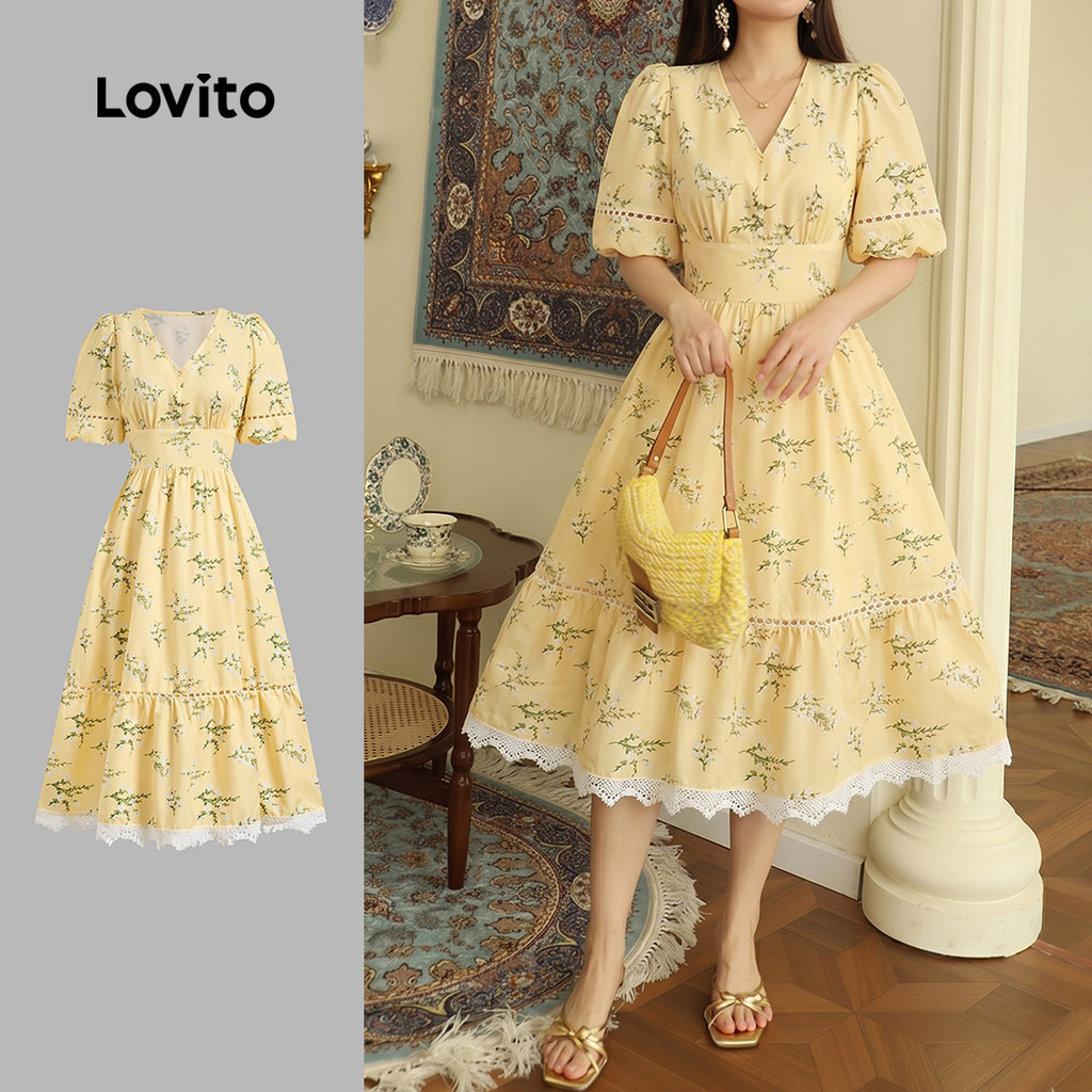 (Elegante)Lovito Vestido Midi Amarelo Elegante Estilo Coreano Com Estampa Floral Manga Curta Decote Em V Babados Zíper Cintura Alta E Modelagem Evasê Para Primavera/verão Para Mulheres LR13L170