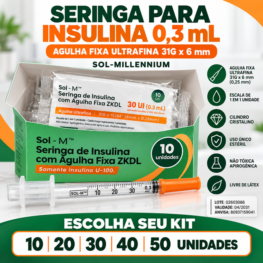 Seringa Para Insulina Sol Millennium 0,3ml 30UI Agulha Fixa Ultrafina 31G 6mm Kit 10 20 30 40 50 Unidades