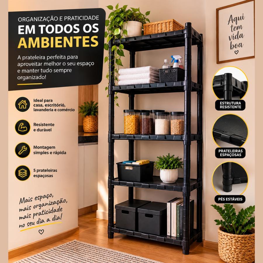 Prateleira Plástica 6 Bandejas Multiuso Cor Preta Organizadora para Cozinha, Lavanderia, Quarto e Escritório