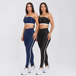 Conjunto Top + Legging Micro Canelado Ombro Único com Detalhes Esporte Casual