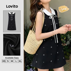 (New Arrival) Lovito Vestido Preto Feminino Casual De Poá Com Blocos De Cores Amarração Comprimento Até O Joelho E Corte Evasê Para Primavera Verão E Fins De Semana DRB204P1D430