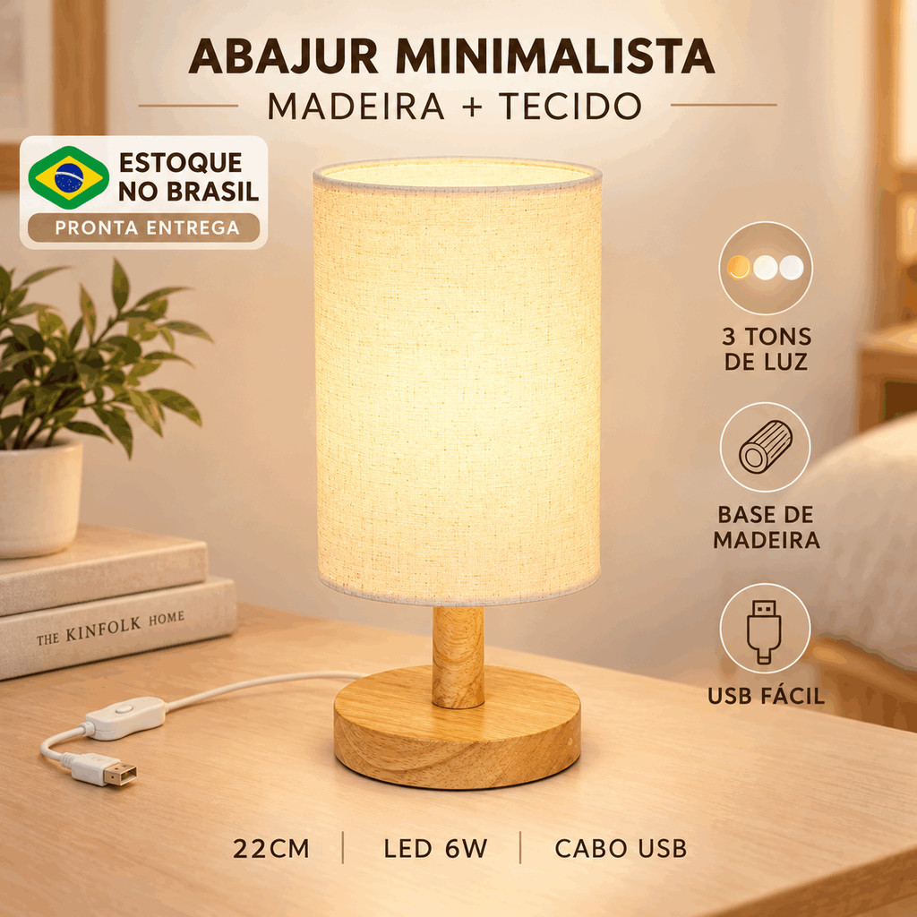 Abajur Luminária de Mesa LED 3 Tons USB Madeira Tecido Minimalista Quarto Cabeceira Escritório