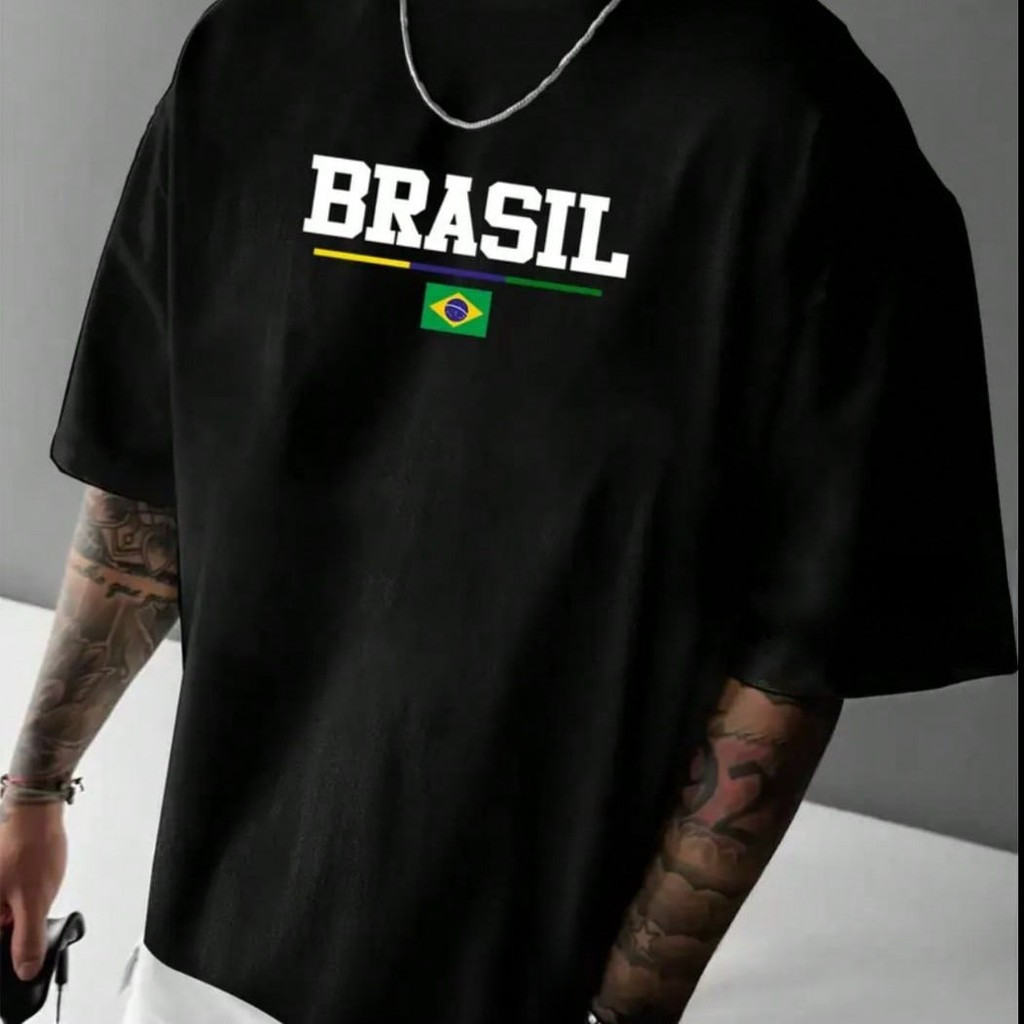 [Camiseta Premium em Algodão Puro]GXG Camiseta Streetwear Oversized Masculina Estampa Brasil Algodão Gola Redonda