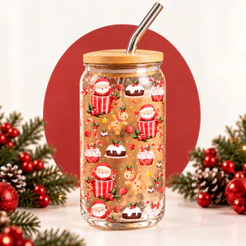 Copos de Vidro Natal com Tampa de Bambu e Canudo de Vidro Enfeite 480 ML Pronta Entrega