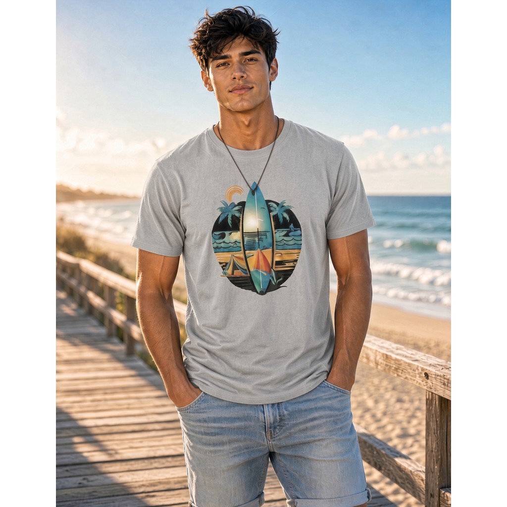 Camiseta Masculina  Estampada Prancha de Surf Coqueiros Mar Gola Redonda Manga Curta Algodão Tropical Streetwear Verão